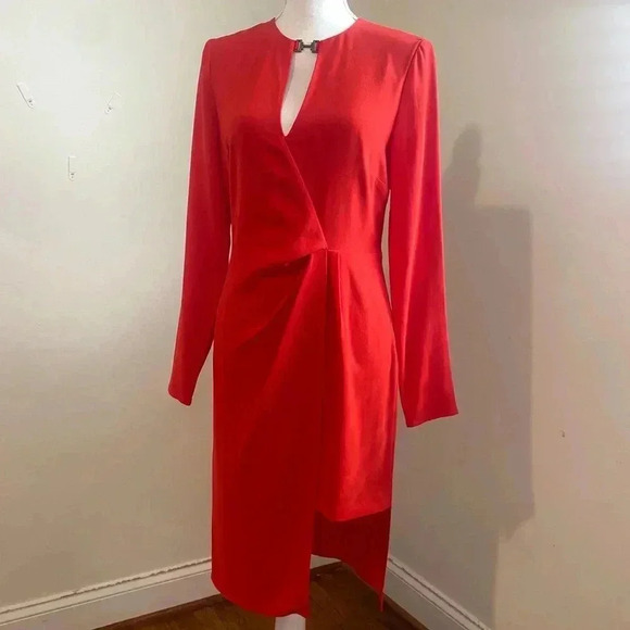 Halston Heritage Front Drape Long Sleeve Dress in Lipstick Red Size 4 - Picture 8 of 12